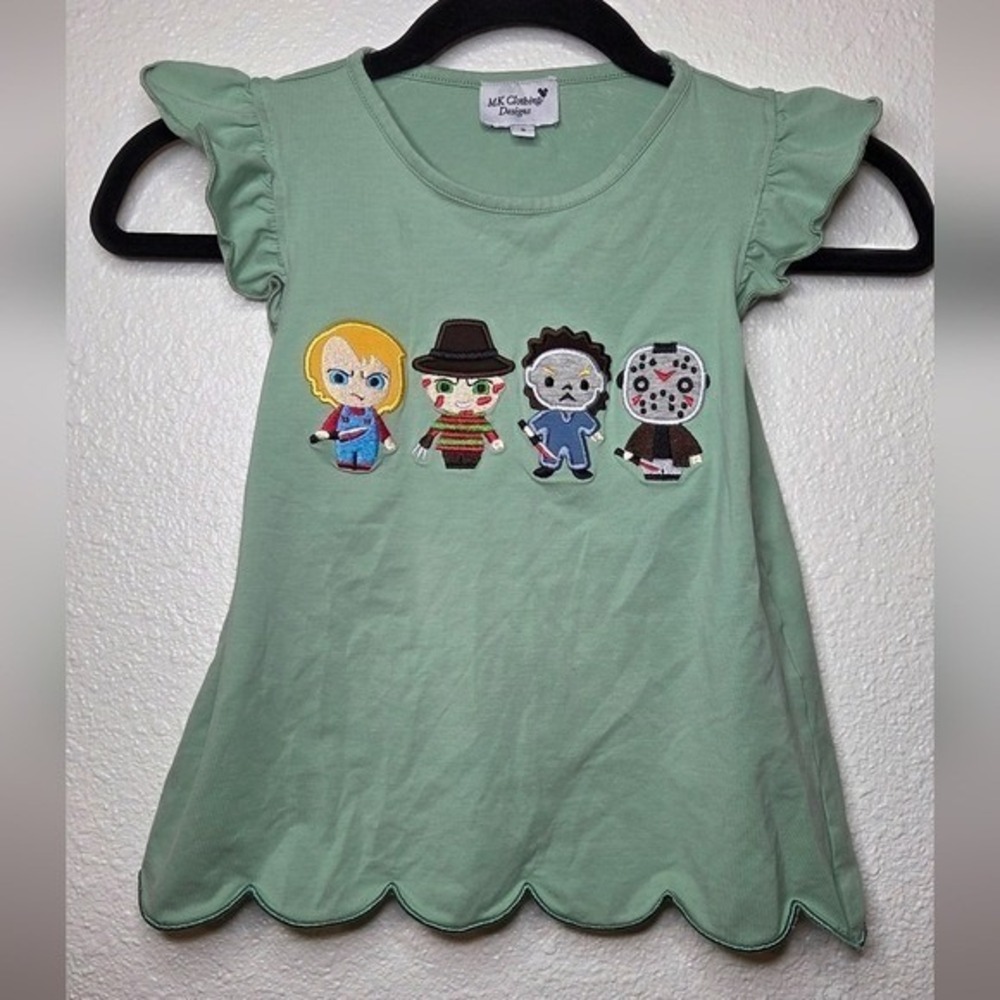 Girls Sage Green Horror Characters Graphic Summer Tunic Top Cotton Dress Size 5